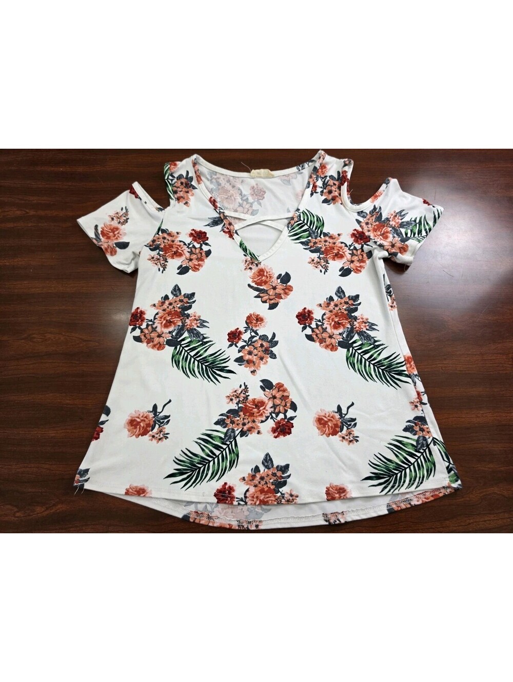 Pinc Floral Cold Shoulder Top Large White Pink Tropical Palm Leaf Blouse Boho